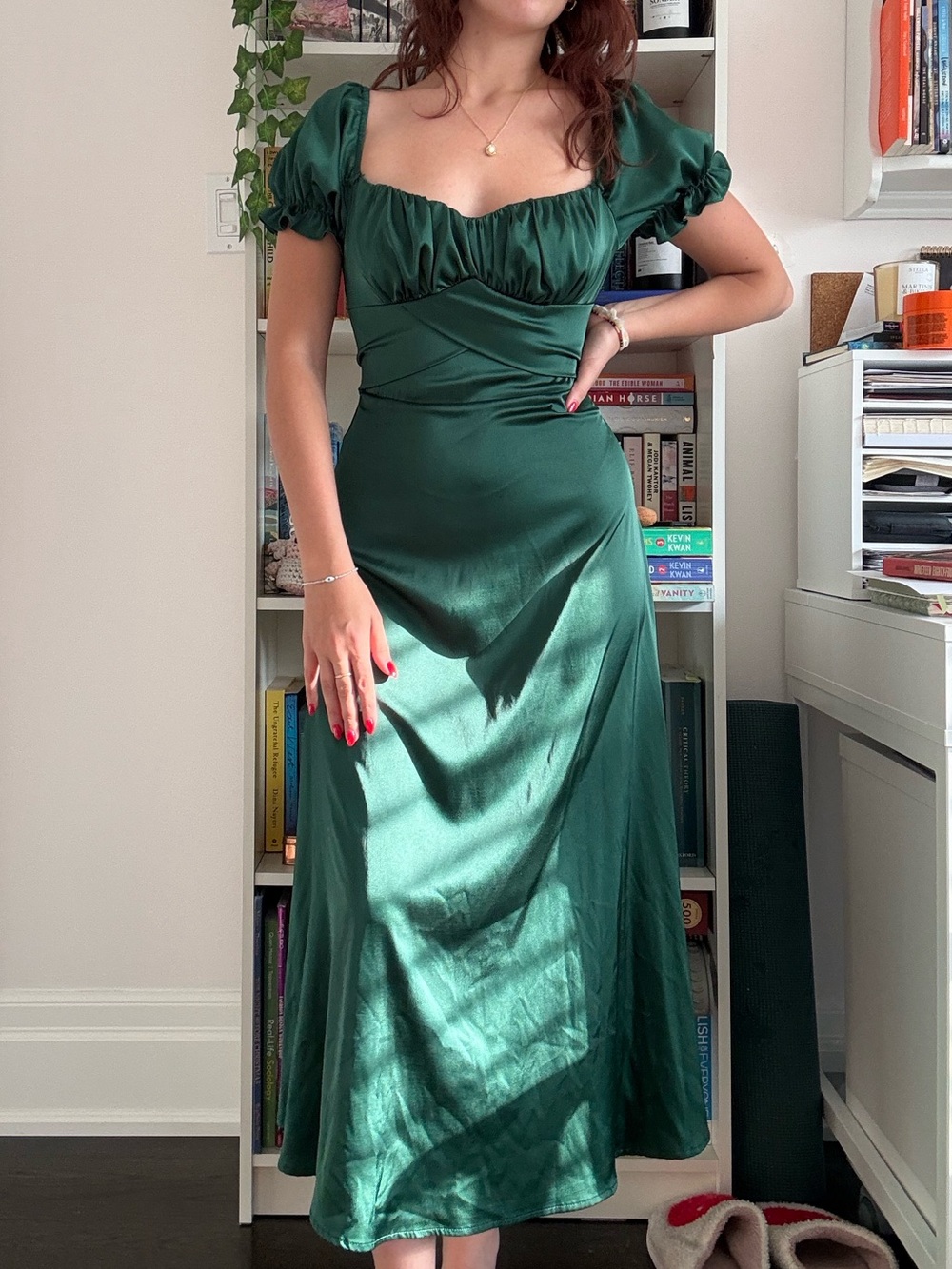 SHEIN Emerald Green Satin Puff-Sleeve Midi Dress